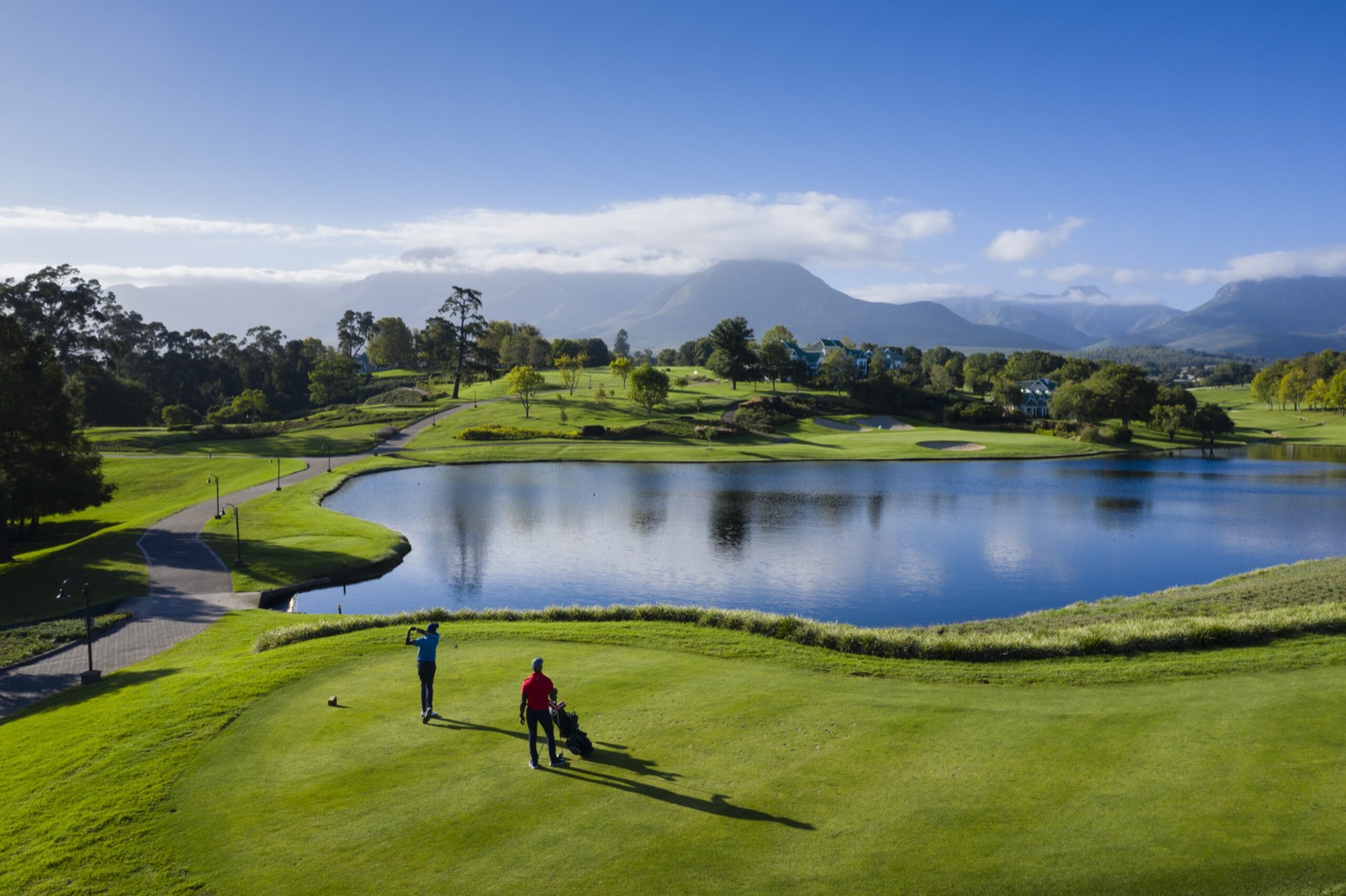 Fancourt golf links and lake beneath the Outeniqua Mountains, George