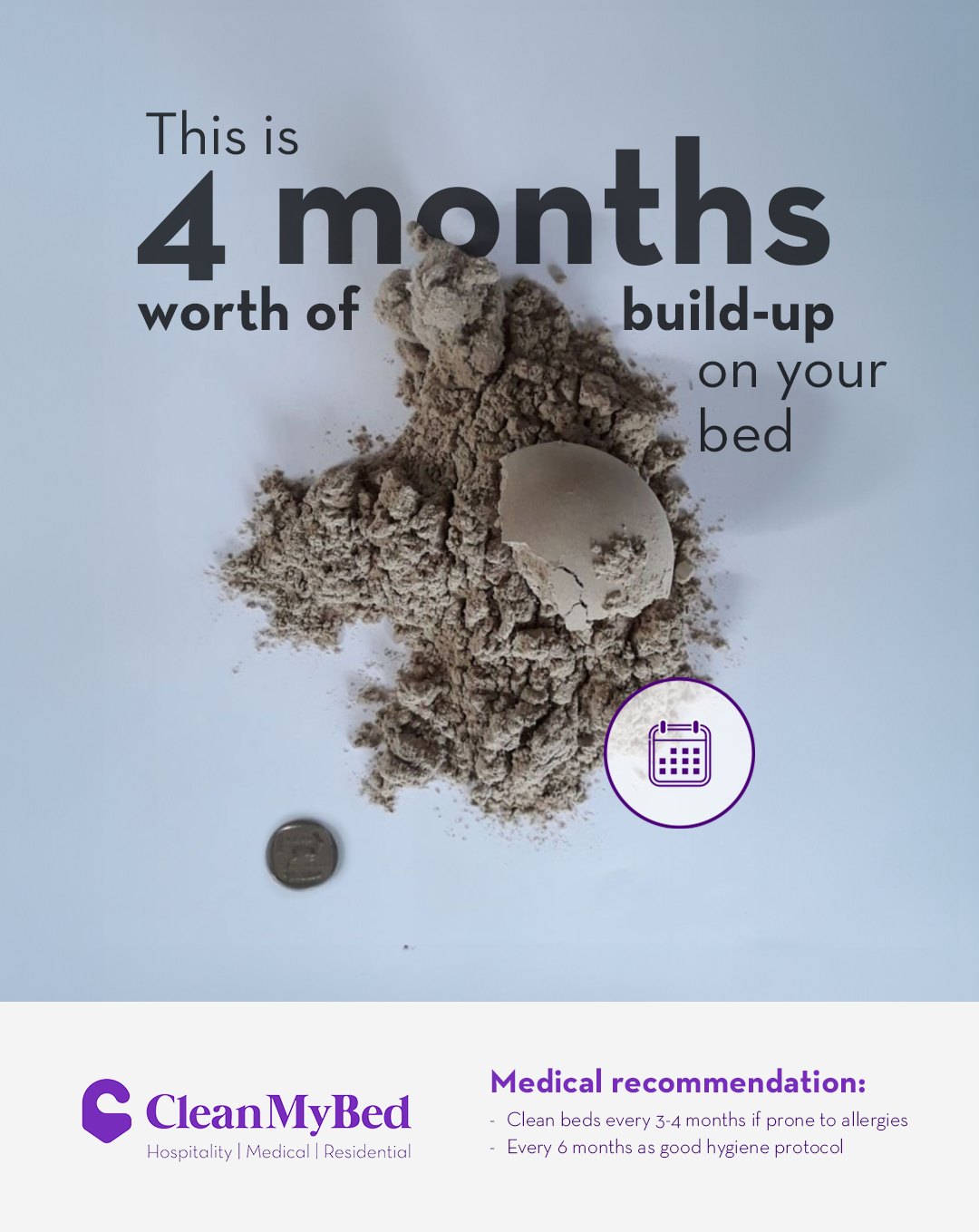 Four months of build-up removed from one mattress, with a coin for scale
